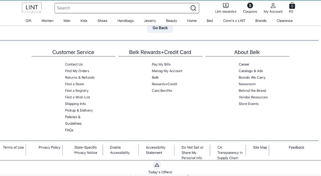 Lint e-commerce footer with customer service and policy links