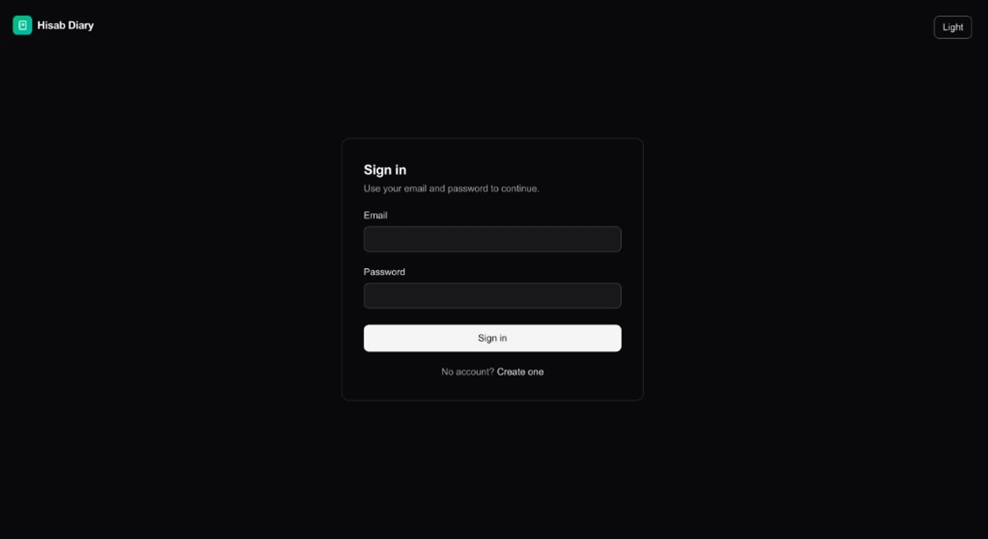 Hisab Diary sign-in screen with email and password fields