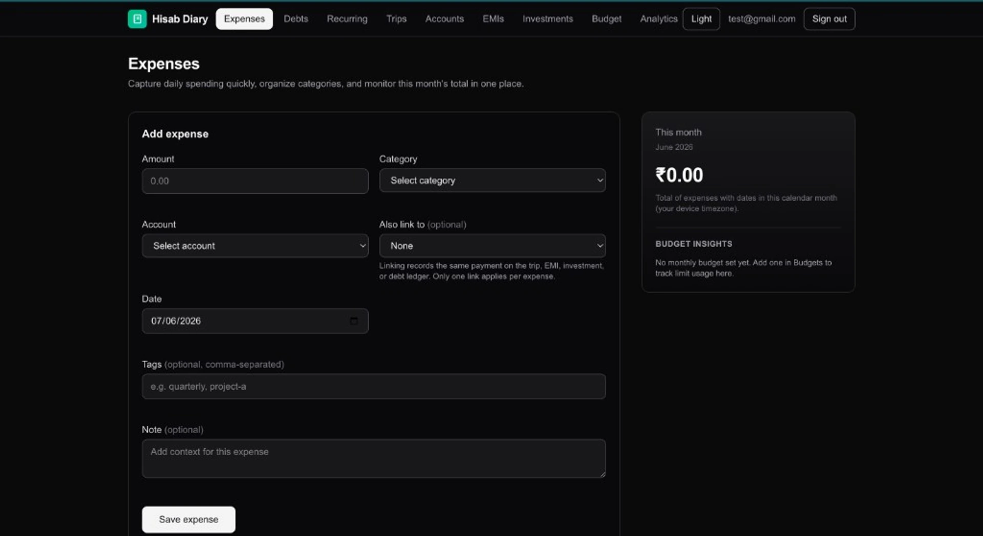Hisab Diary expenses page with add expense form and monthly total