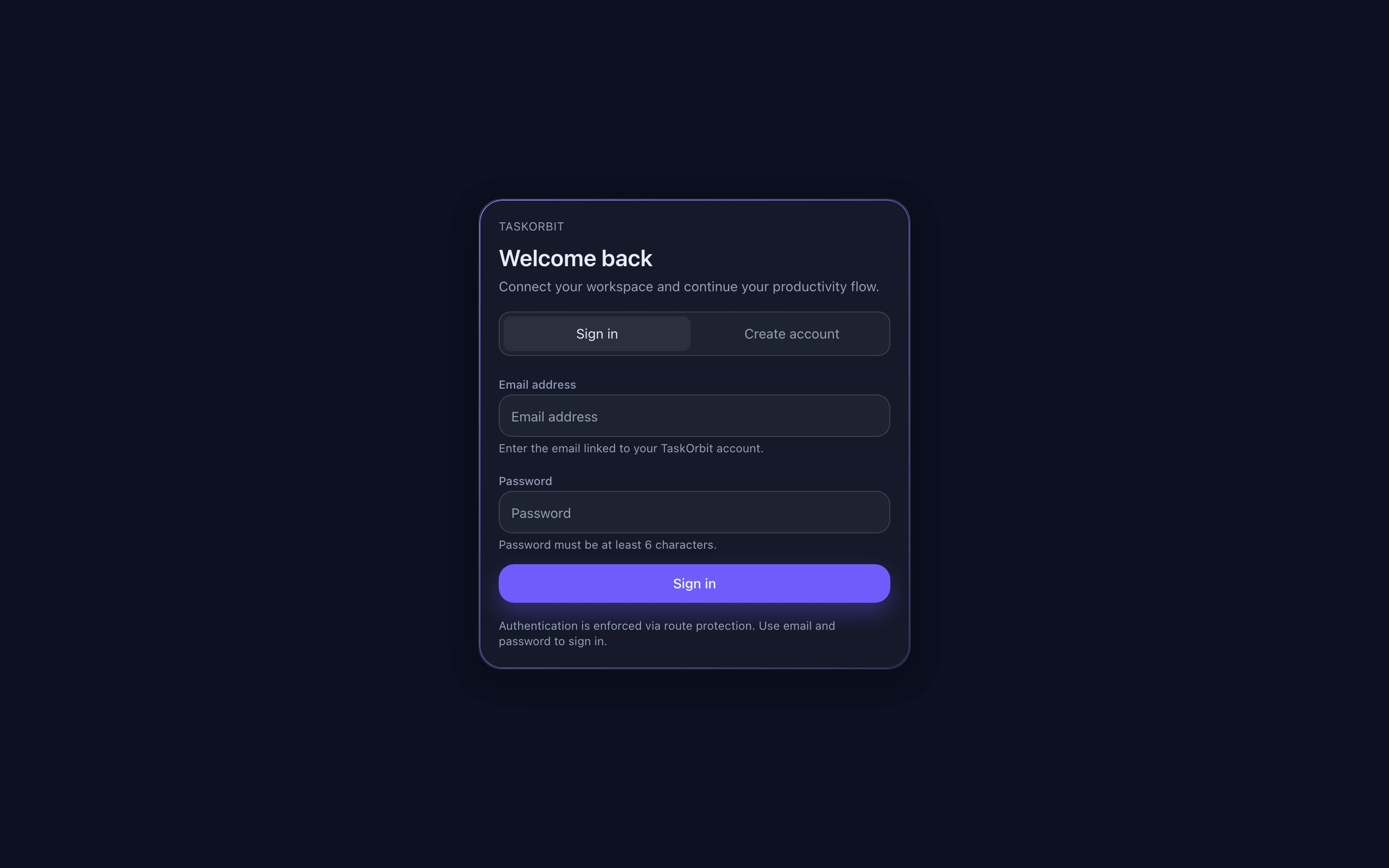 TaskOrbit sign-in screen with email and password fields