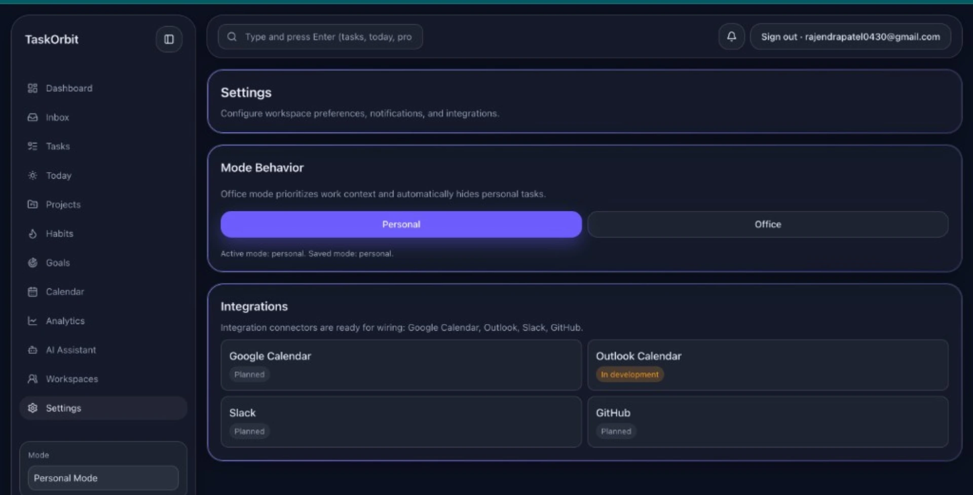 TaskOrbit settings page with personal and office mode toggle